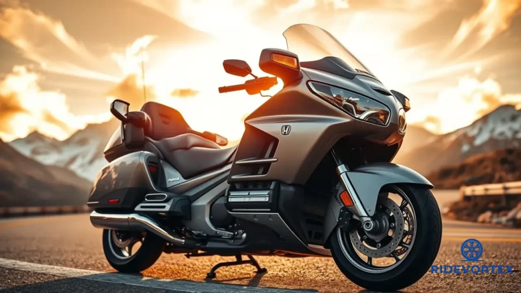 Honda Gold Wing being ridden on highway during sunset