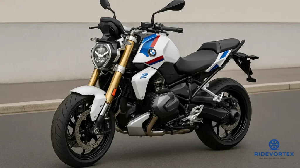2025 BMW R 1300 R naked roadster with signature LED headlight, gold forks, and boxer engine in a sporty front-left view on urban road