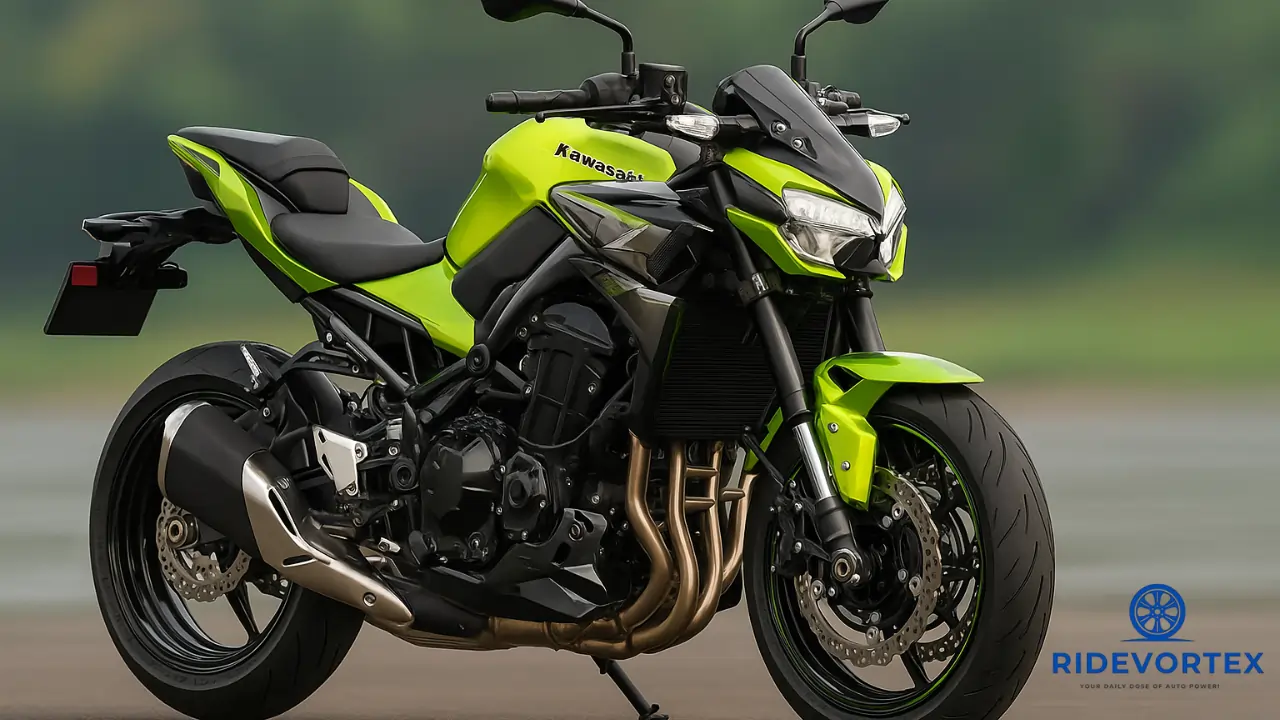 High-resolution side view of the 2025 Kawasaki Z900 sportbike in lime green and black color, showcasing aggressive design and inline-4 engine