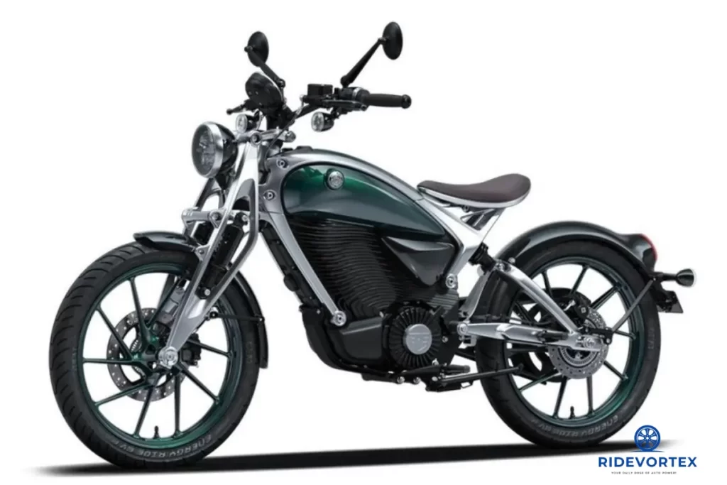 Royal Enfield Flying Flea C6 electric bike parked outdoors on rugged terrain in green color