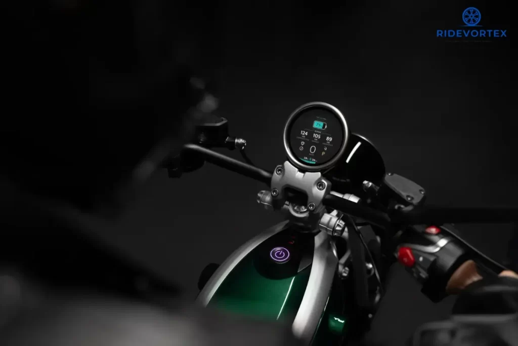 Digital dashboard of Royal Enfield Flying Flea C6 showing speedometer and battery level