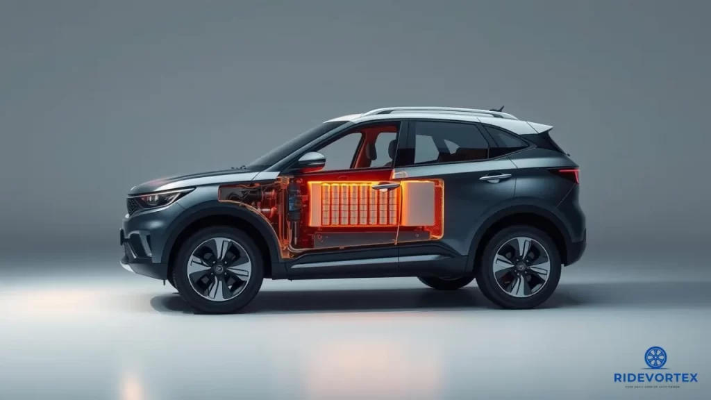 Inside view of Tata Harrier EV showing digital dashboard and infotainment