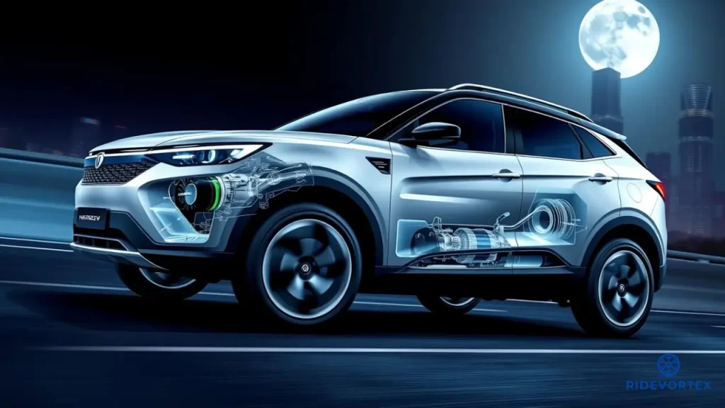 Rear profile of Tata Harrier EV with futuristic LED tail lamps