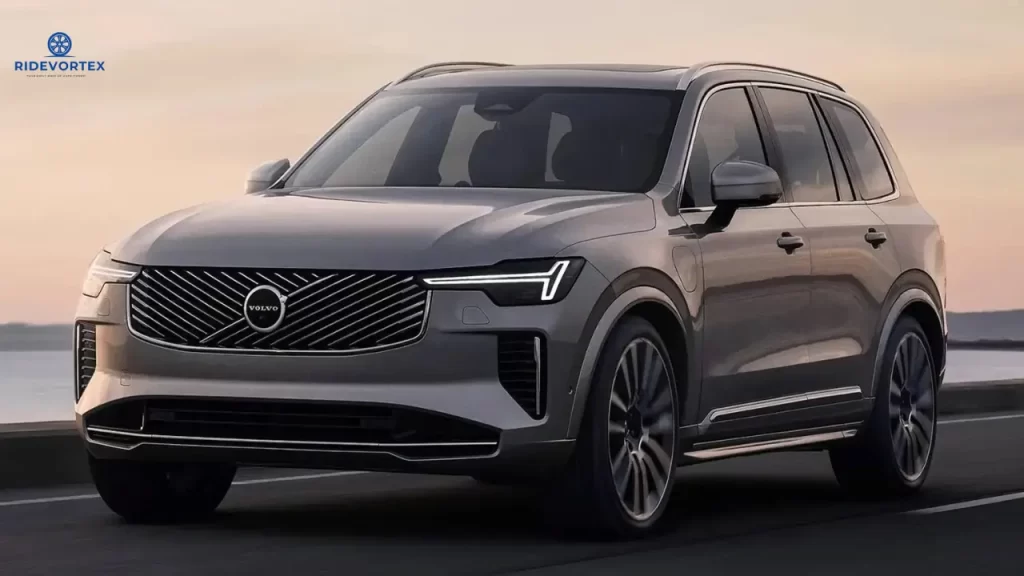 Front view of the Volvo XC90 showcasing bold grille and sleek LED headlights